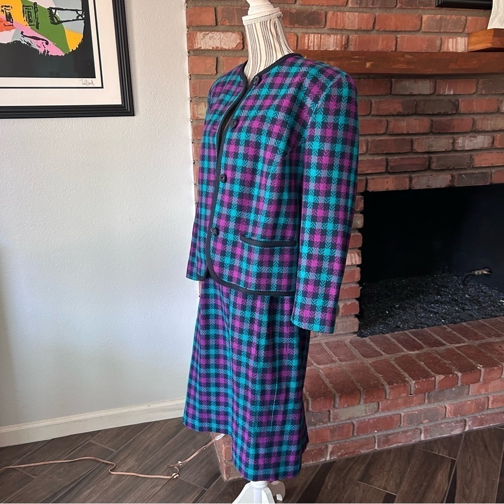 VTG Pendleton 100% Wool Plaid Skirt & Jacket Set Purple & Turquoise Sz 14W/16 - Picture 4 of 13